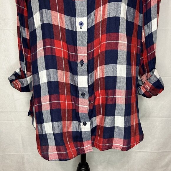 Tommy Hilfiger Red Navy White Checked Roll-Tab Sleeve Button-Down Shirt M - Picture 4 of 9